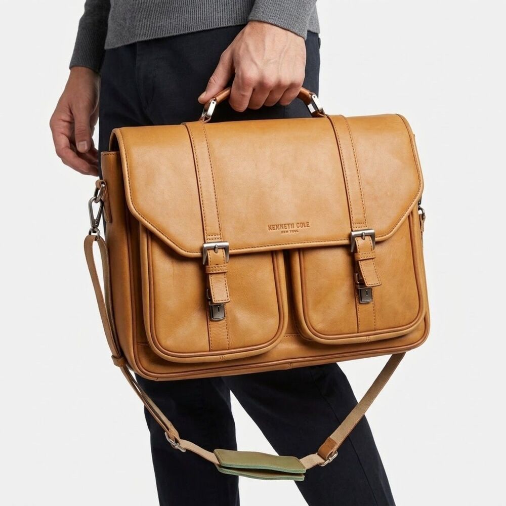 Kenneth Cole Tan Leather Messenger Bag Vintage Laptop Briefcase Crossbody Satche
